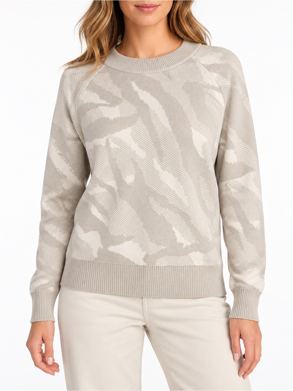 Athleta Small Merino Wool Blend Camo Jacquard Crewneck Sweater Beige Cream